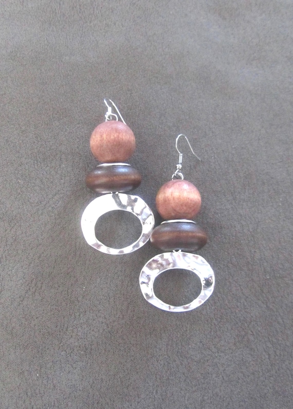 Chunky earth toned and hammered silver earrings