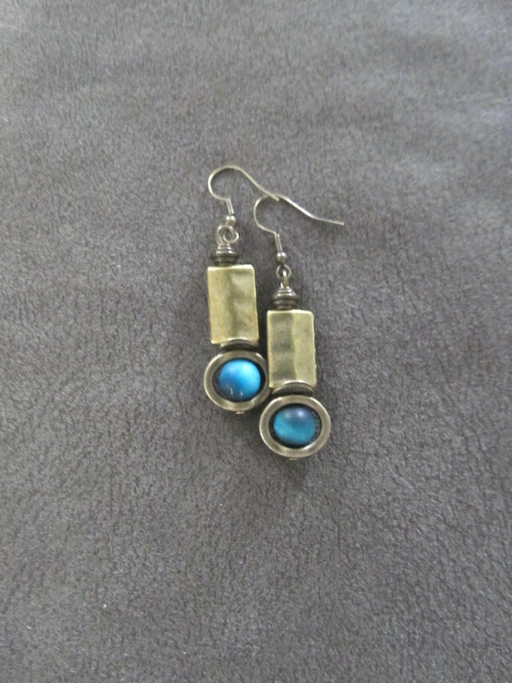 Industrial earrings, turquoise tiger's eye and bronze minimalist earrings