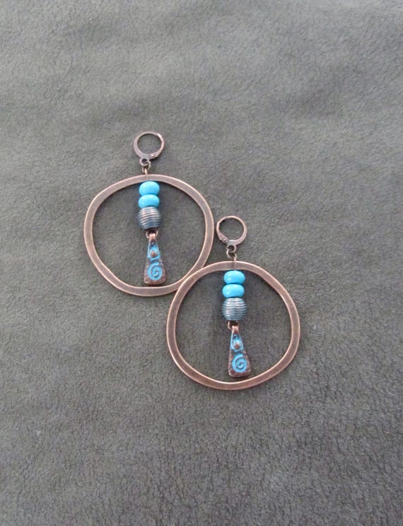 Patina copper and howlite hoop earrings