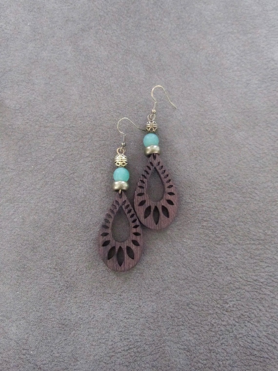 Carved Wooden Dangle Earrings: Boho Ethnic Jewelry