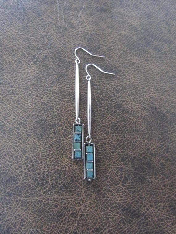Industrial earrings, teal lava rock and silver minimalist earrings
