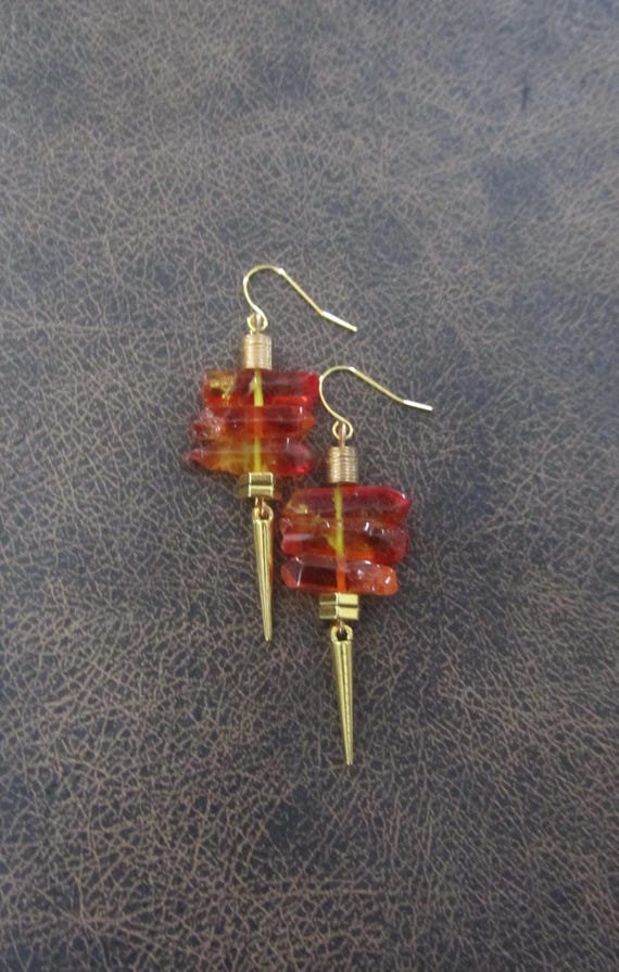 Raw quartz crystal earrings, orange 33