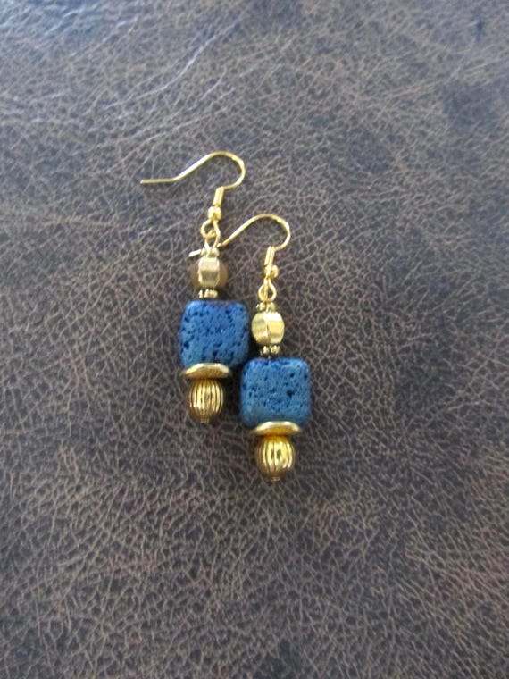 Teal lava rock and gold earrings