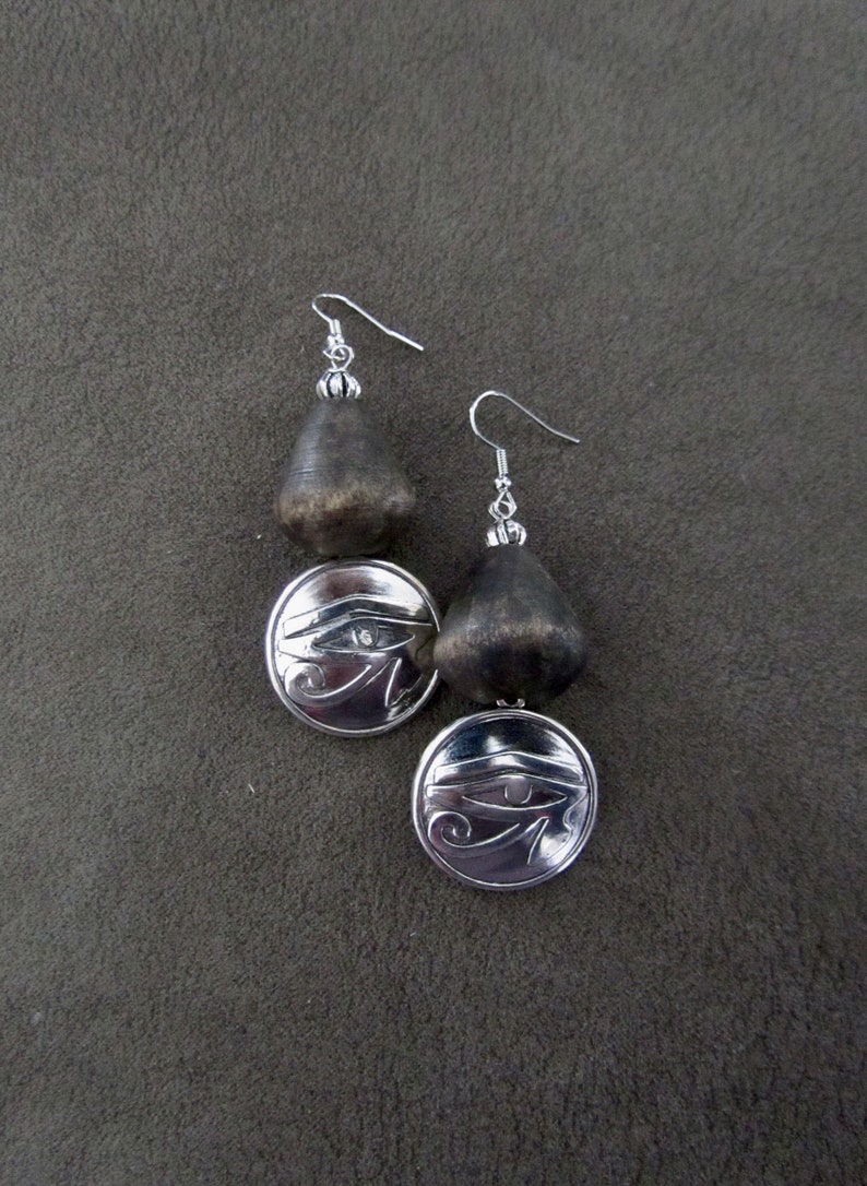 Silver and wooden Egyptian eye of Ra earrings 2 image 1