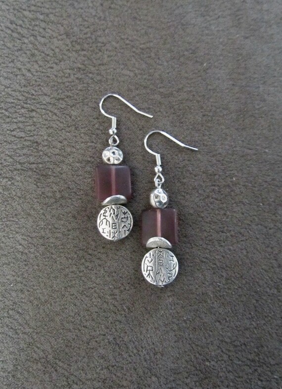 Silver and purple frosted glass earrings