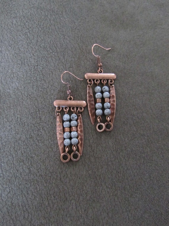 Silver lava rock and copper chandelier earrings