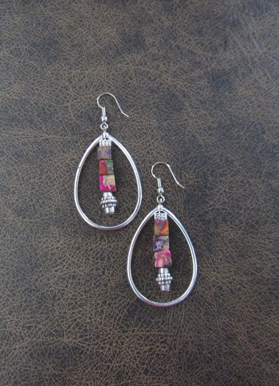 Silver and multicolor imperial jasper teardrop hoop earrings
