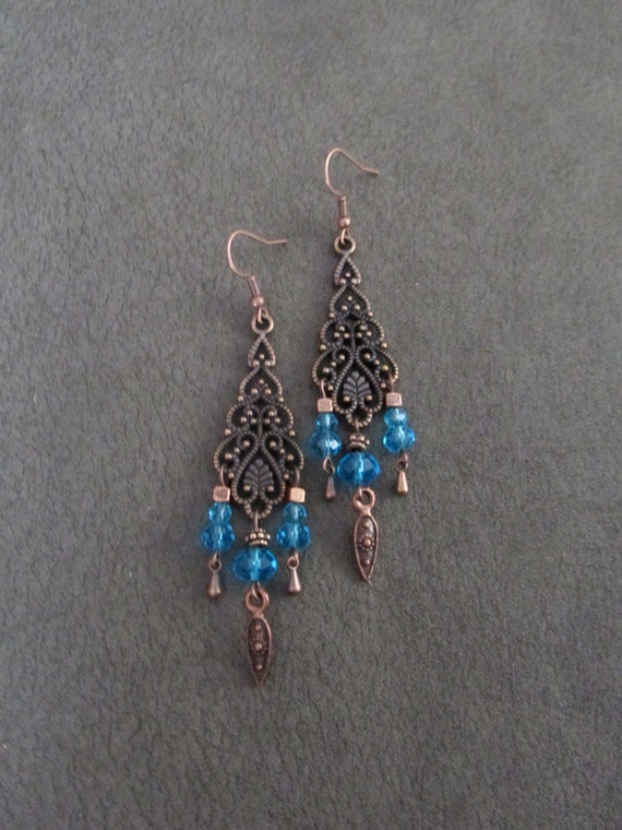 Antique copper filagree chandelier earrings, blue crystal earrings