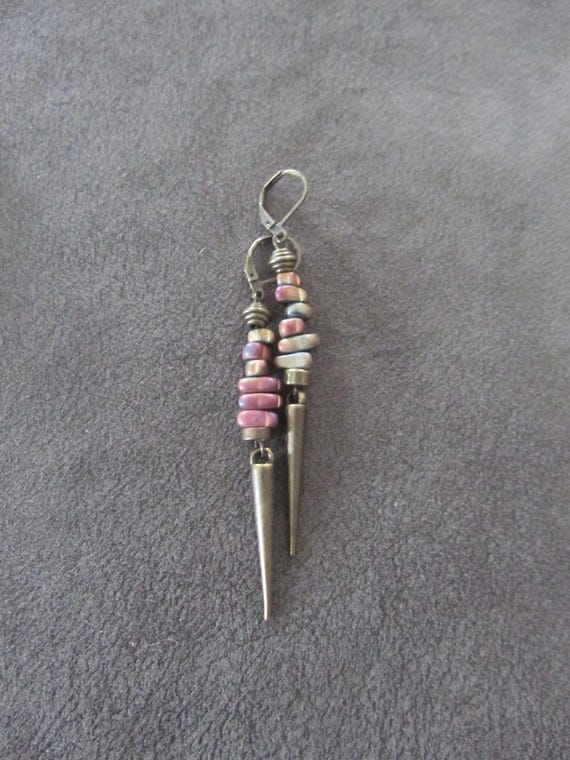 Minimalist multicolor hematite nugget earrings, bronze