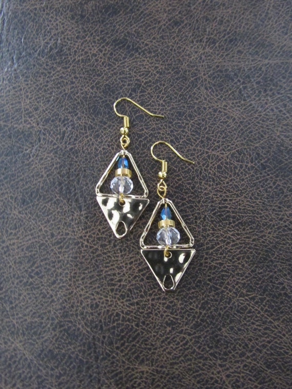 Hammered brass and crystal triangle earrings