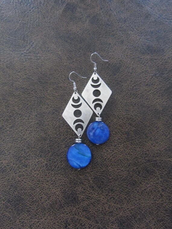 Blue mother of pearl and silver celestial earrings