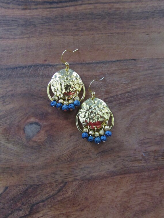 Chandelier earrings, hammered gold and teal lava rock