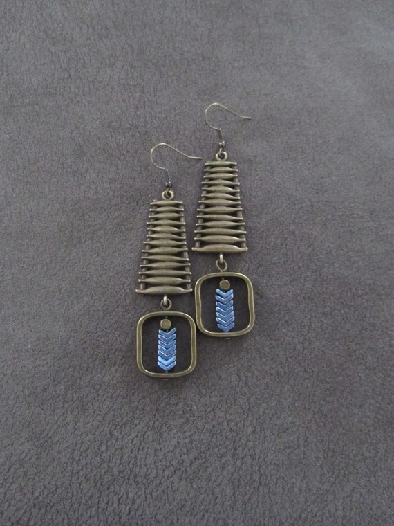 Bronze geometric and blue hematite earrings