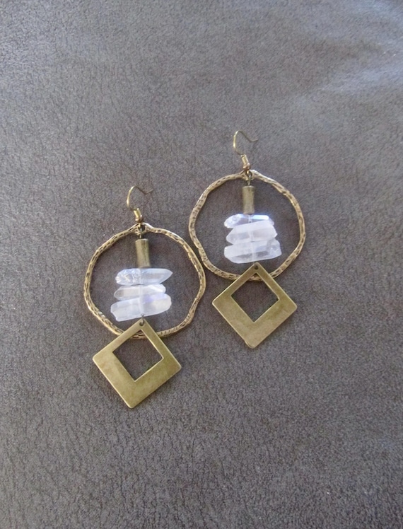 Raw quartz clear crystal earrings, rustic boho bronze unique earrings, geode natural bohemian hoop