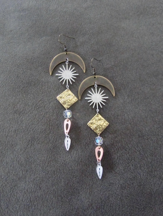 Long mixed metal earrings, exotic celestial earrings