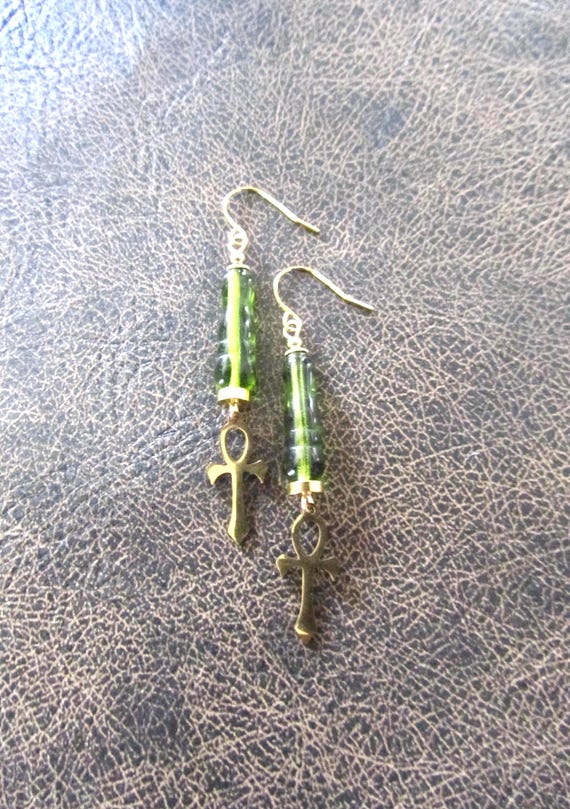 Stainless steel Ankh and green Czech glass earrings