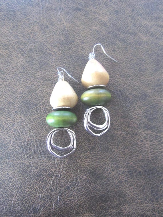 Chunky green wooden and hammered silver earrings