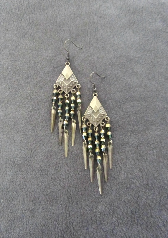 Bronze and green crystal chandelier earrings