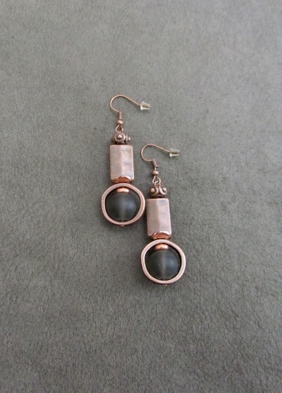 Mid century modern earrings gray frosted glass and copper earrings