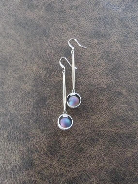 Silver pendulum earrings, rainbow druzy agate