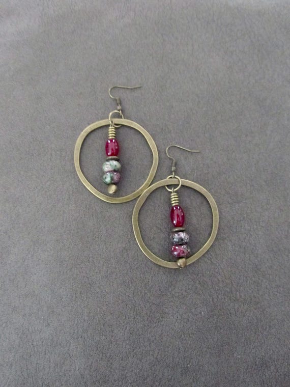 Antique bronze and jasper hoop earrings