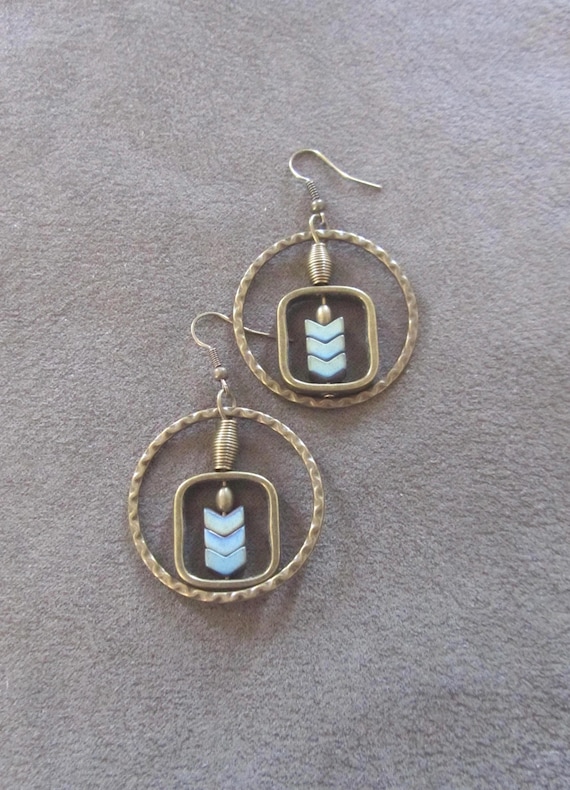 Hammered bronze hoop and teal geometric earrings
