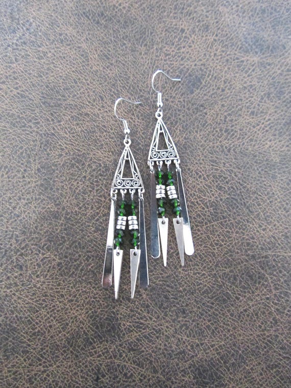 Green and silver chandelier earrings, gypsy crystal dangle earrings