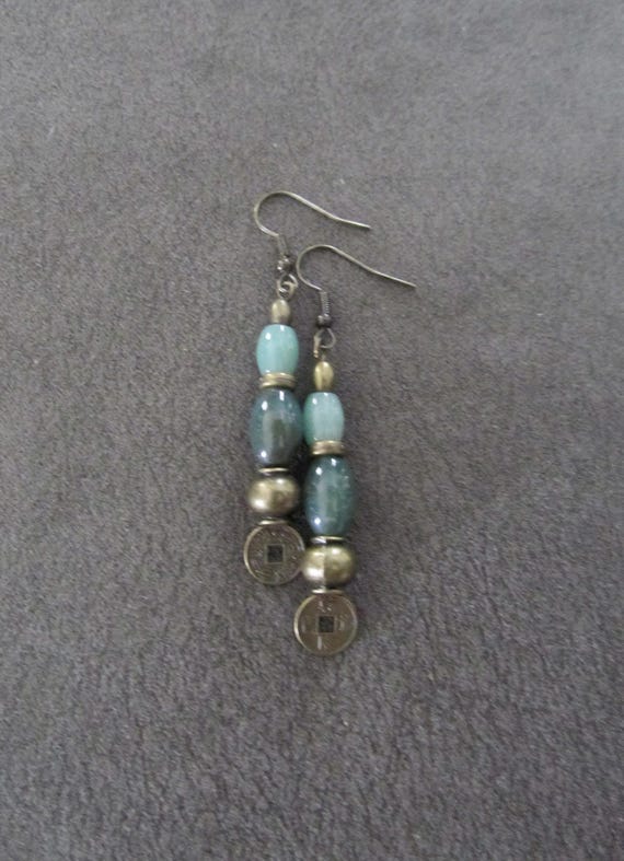 Asian coin earrings, jadeite and bronze