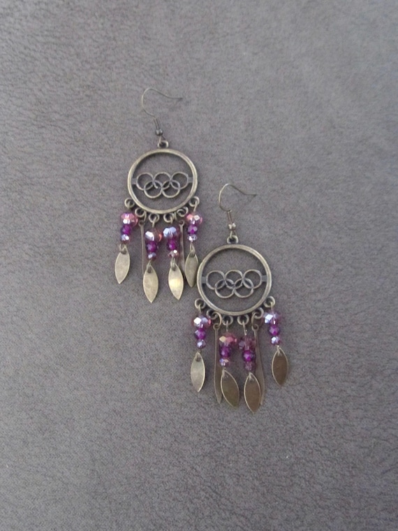Chandelier earrings, purple crystal and bronze gypsy earrings, boho bohemian unique princess