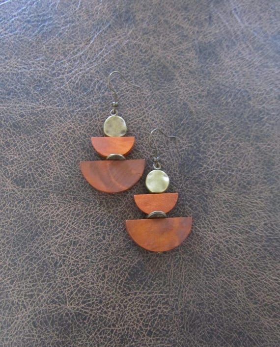 Orange rust wooden earrings, Afrocentric dangle earrings, mid century modern earrings,