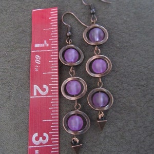 Long purple frosted glass and copper earrings image 2