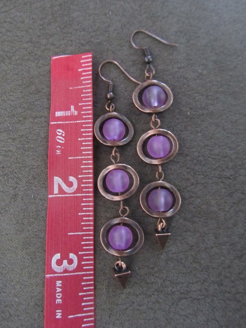 Long purple frosted glass and copper earrings image 2