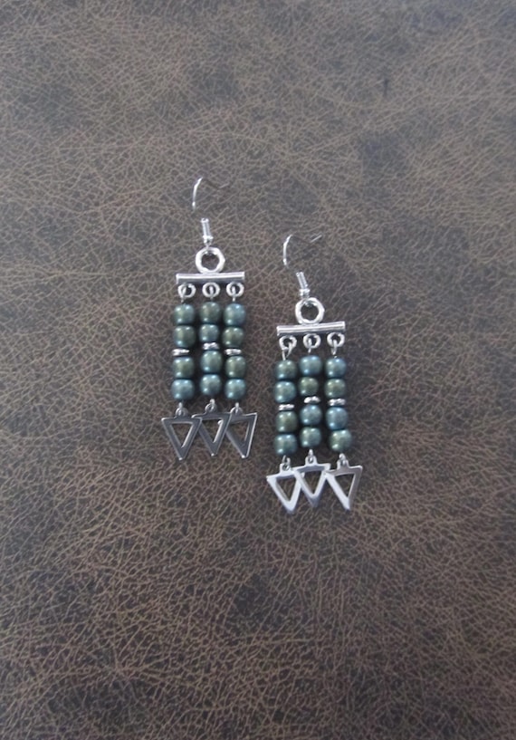 Green hematite and silver ethnic chandelier earrings