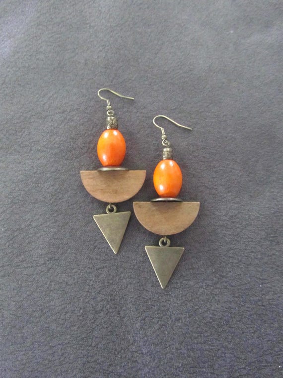 Large Orange Wooden Earrings, Bronze Afrocentric Dangle, Mid Century Modern Style