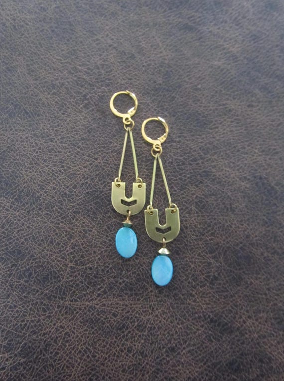 Mid century modern brass and blue mother of pearl shell earrings