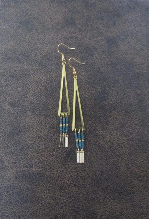 Long teal seed bead and brass earrings