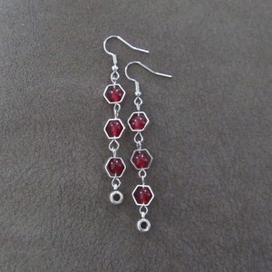Silver and red geometric hexagon earrings