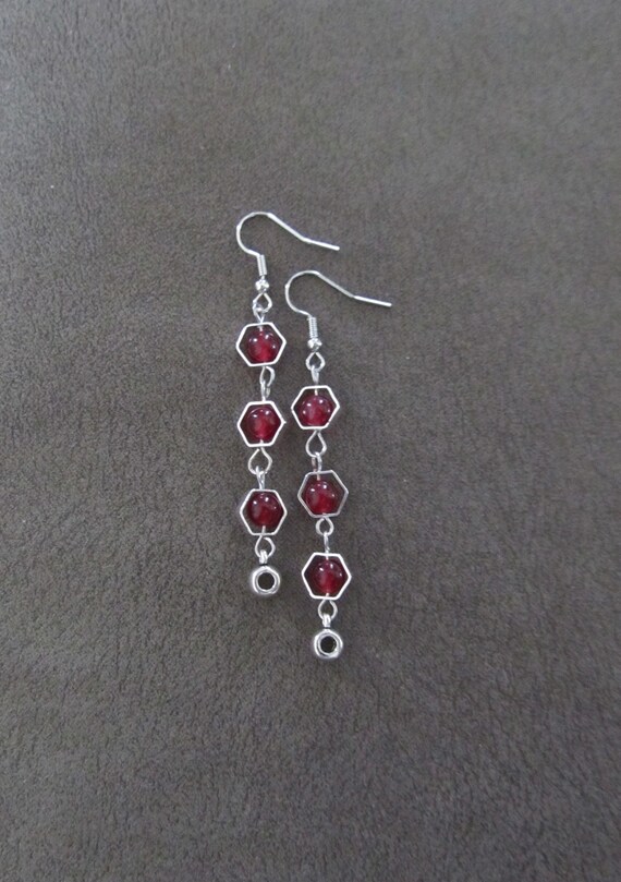 Silver and red geometric hexagon earrings