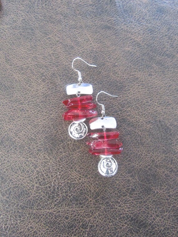 Raw quartz red crystal earrings, rustic boho silver unique earrings, geode natural bohemian