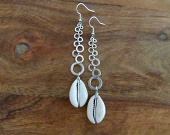 Long cowrie shell earrings, unique modern dangle earrings, Afrocentric earrings, African earrings, statement bold earrings, hammered silver