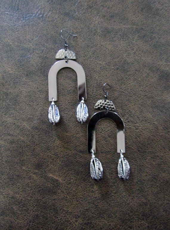 Cowrie shell and gunmetal gray earrings, abstract goth earrings