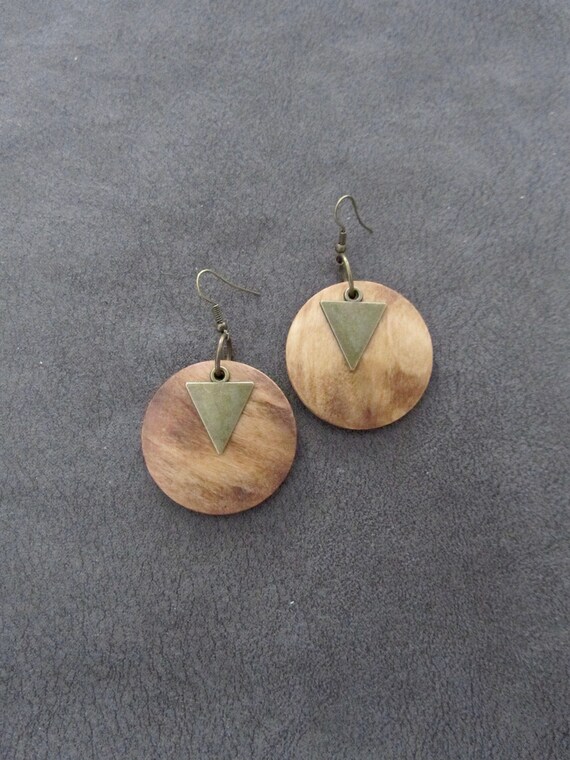 Natural wood earrings, minimalist earrings, boho bohemian earrings, geometric earrings, antique bronze mid century modern earrings