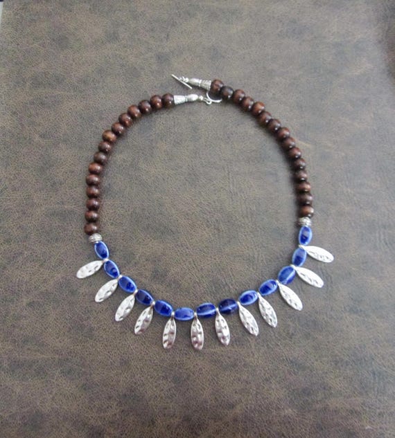 Ceramic and wooden beaded necklace, royal blue and silver