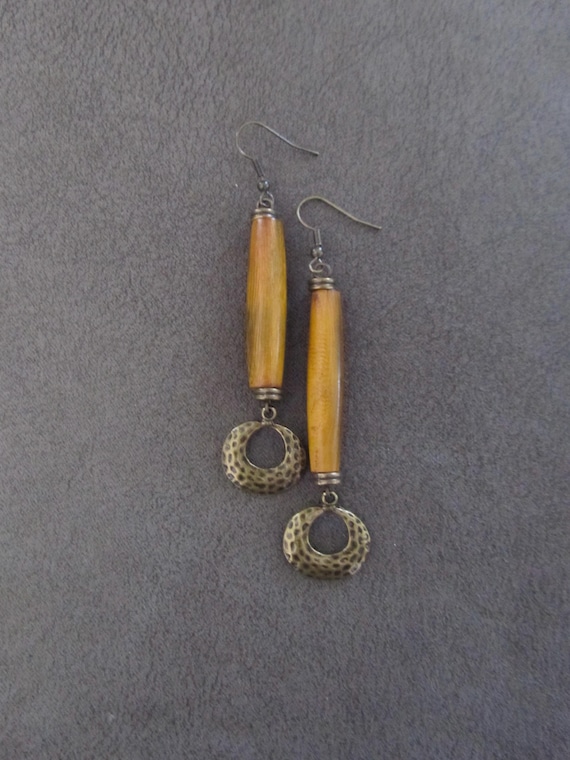 Long hair pipe bone and bronze earrings