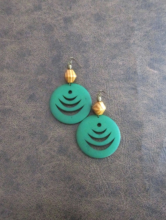 Carved Green Wood Ethnic Earrings, Tribal Boho Jewelry