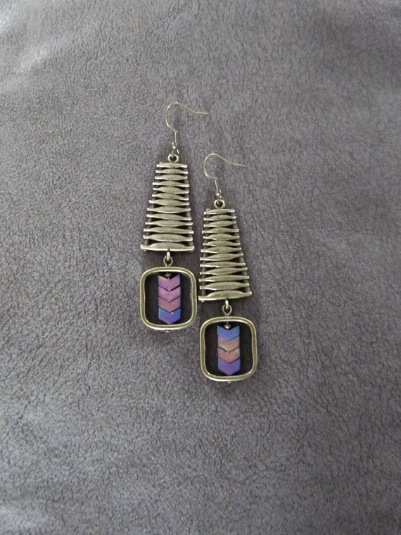 Bronze geometric industrial earrings multicolor, square 2