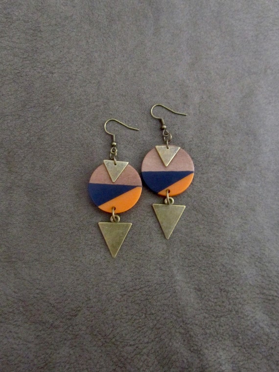 Geometric earrings, orange and purple earrings, resin and wood earrings, brass earrings, minimalist earrings modern earrings, Art deco