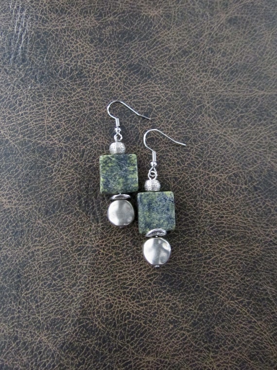 Green serpentine stone and silver modern earrings