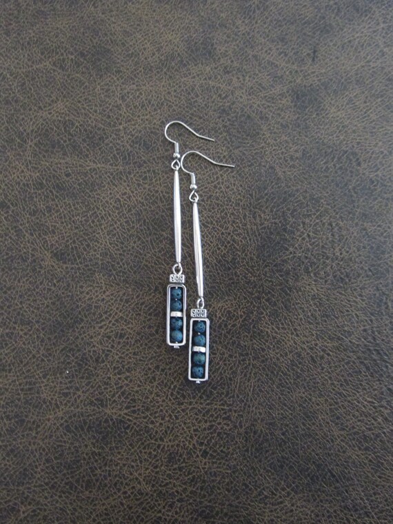 Industrial earrings, teal blue lava rock and silver minimalist earrings, mid century modern earrings,  unique Art Deco earrings, geometric