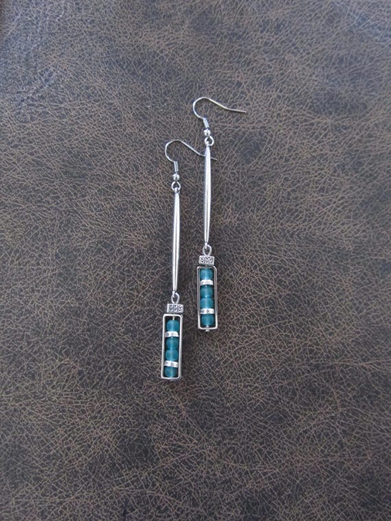 Long teal frosted glass and silver earrings
